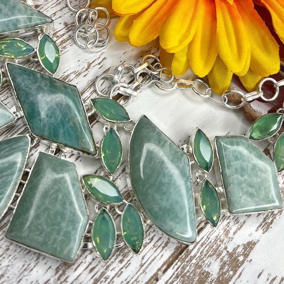 Awesome Amazonite Opalite Statement Necklace Handmade Large Gemstone 925 Silver - Picture 7 of 16